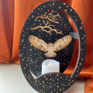 Wooden Owl Tea Light Holder – Rustic Cottagecore Nightlight (Electric Candle Use)