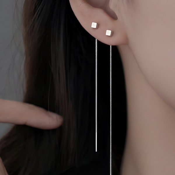 Minimalist Style Earrings, Rod Shaped Earrings With A Cube Shaped Centerpiece, Womens Minimalist Accessories, Sleek Earrings For Any Setting