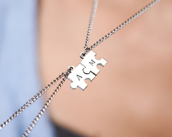 Laser Engraved Puzzle Necklace, Customized Initial Letter Pendant, Minimalist Jewelry Couples, Letter Engraved 2 Piece Love Neckalce