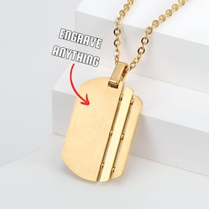 Etiqueta de cachorro dourada gravável a laser com linha decorativa, etiquetas de cachorro decoradas de metal escovado, colar temático da moda, presentes para homens