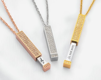Personalized Secret Sliding Copartment Crystal Necklace, Engraved Sliding Shiny Pendant, Date Name Custom Text Necklace With Hidden Slide