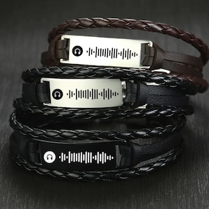 Personalzied leren muziekarmband, aangepaste muziekcodearmband, Spotify leren armband, cadeaus met muziekthema, lasergegraveerde armband