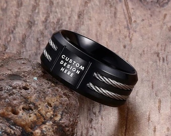 Personalized Black Men's Ring, Custom Industrial Style Ring, Custom Text Or Image Ring, Matte Black Food Grade 304L Stainless Steel Ring