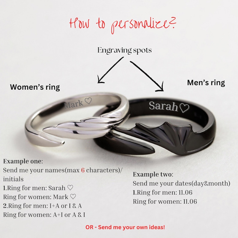May include: Two interlocking rings, one silver and one black, with the words "Mark" and "Sarah" engraved on them. The rings are shown against a white background with the text "How to personalize?" and "Engraving spots" above them.