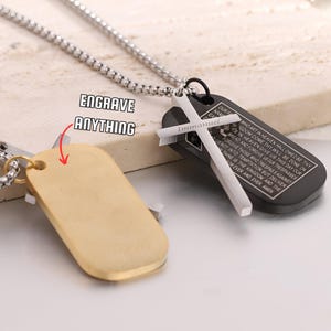 Etiquetas de cachorro religiosas graváveis a laser com cruz e oração do Senhor, etiquetas de texto personalizadas, colar com tema cristão, presentes para homens