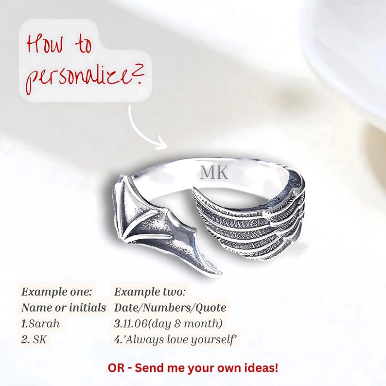 May include: A silver ring with a wing and bat wing design. The ring has the initials "MK" engraved on it. The image includes text that says "How to personalize?" and provides examples of personalization, including names, initials, dates, and quotes.