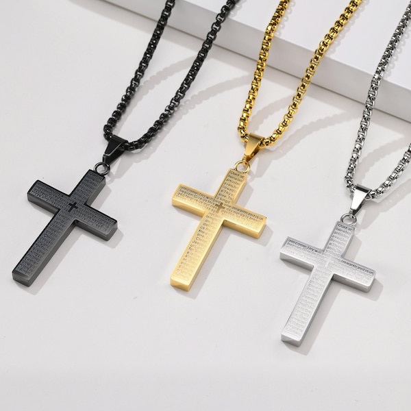 Christelijk kruis met lasergegraveerd Onze Vader, roestvrijstalen religieuze ketting, cadeaus voor christenen, minimalistische sieraden