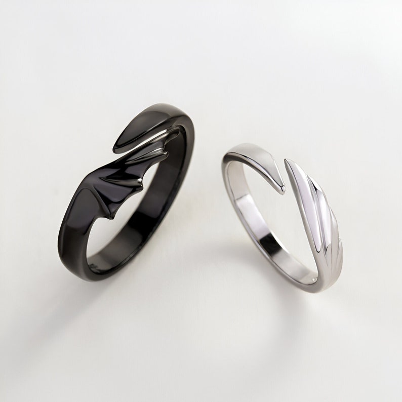 May include: A pair of matching rings with wing designs. One ring is black and the other is silver.