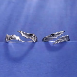 Couples Angel And Devil Wing Rings, Retro Silver Matching Ring Set, One Size Adjustable Rings, Matching Couples Rings, Gifts For Her and Him