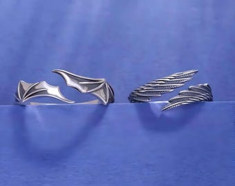 Anillos de alas de ángel y demonio para parejas, juego de anillos retro de plata a juego, anillos ajustables de talla única, anillos a juego para parejas, regalos para ella y para él.