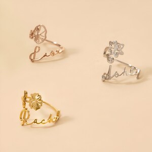 Anillo ajustable con nombre y flor cortada a medida, anillo personalizado para mujer, anillo de talla única, anillo con flor del mes de nacimiento, regalos para ella