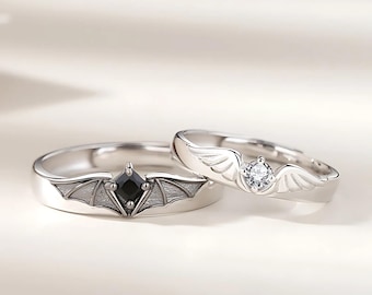 Anillos de pareja personalizados y ajustables con alas de ángel y demonio, juego de anillos en blanco y negro, anillos de talla única, anillos a juego para parejas, regalos para pareja
