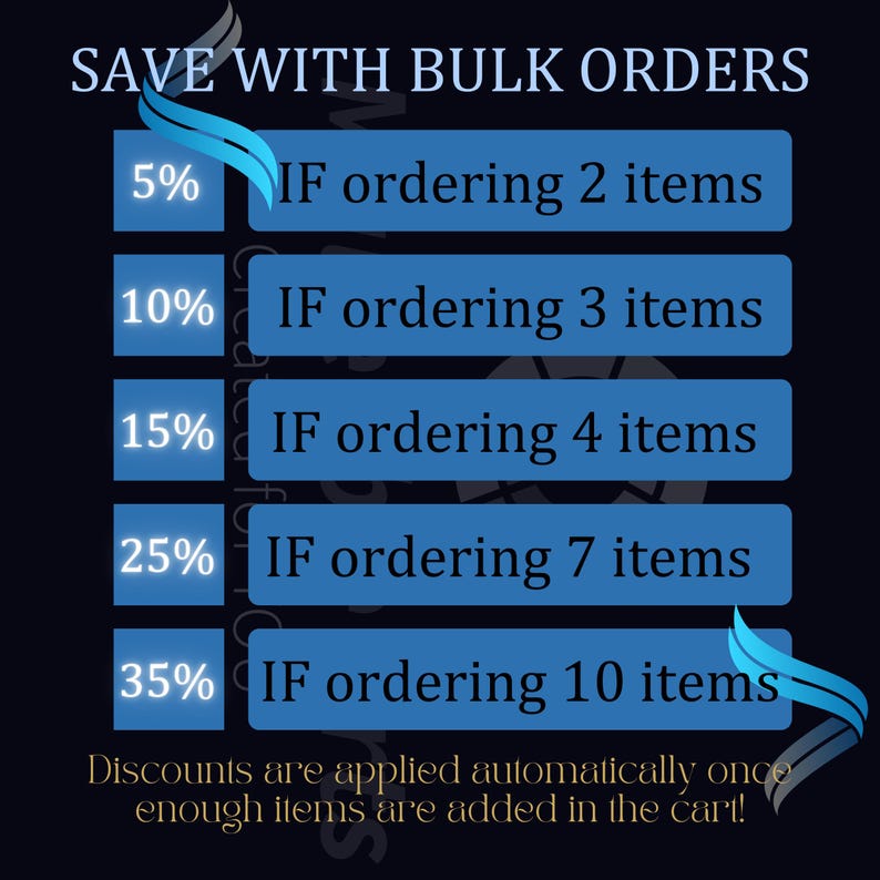 May include: Graphic showing bulk order discounts. Save 5% when ordering 2 items, 10% for 3 items, 15% for 4 items, 25% for 7 items, and 35% for 10 items. Discounts are applied automatically once enough items are added in the cart.