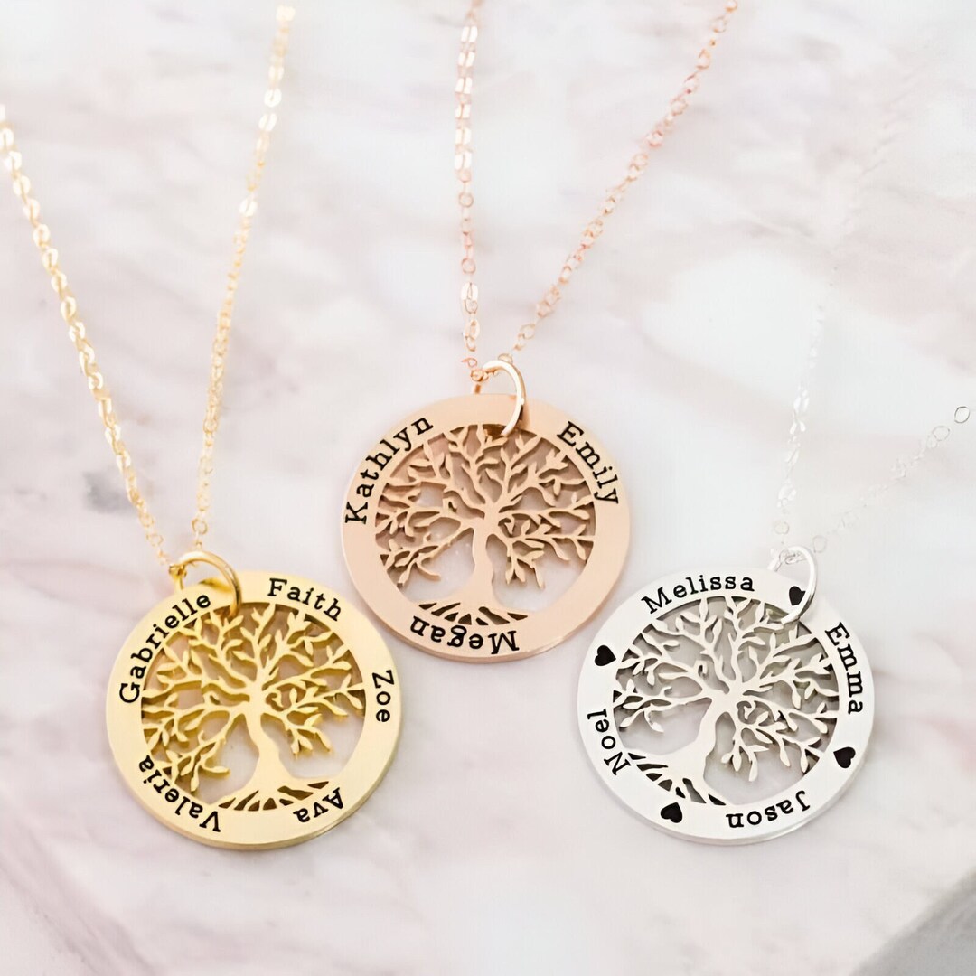 Personalized Family Tree Necklace, Laser Engraved Pendant, Tree of Life ...