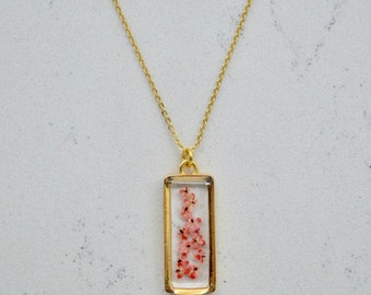 Handcrafted Depth Of Pink Rectangle Necklace with Real Pressed Flowers - Unique Floral Jewelry