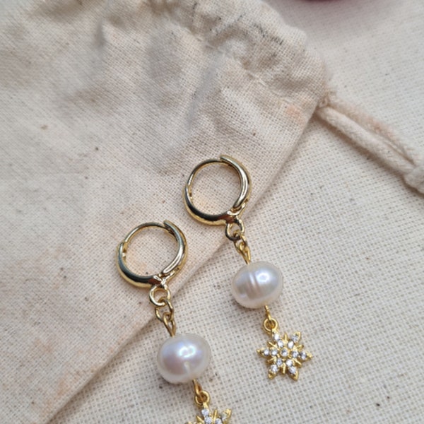 Snowflake Pearl Earrings – Handcrafted with Real Pearls and Gold-Plated Rings – Unique New Year's Gift in a Lucky Box!