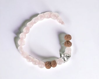 Rose Quartz Handmade Natural Stone Bracelet - 22 Stones, 8mm Thickness - Nickel-Free Stainless Steel Accent - Elastic Fit for All