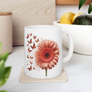 Peach Gerbera Daisy Ceramic Mug: Spring Flower & Butterfly Design