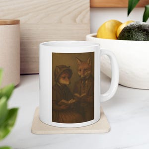 Fox Reading Books Ceramic Mug - Cute Animal Teacup, Unique Drinkware Gift for Fox Lovers, Novelty Kitchen Decor, 11oz, 15oz, Coffee Mug