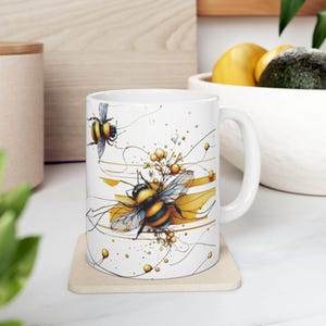 Bee Mug, Fun Insect Lover Gift, Summertime Teacup, Cute Bumblebee Theme Drinkware, Coffee Mug with Bees, Garden Beekeeper Present 1
