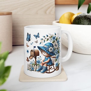 Taza de cerámica "Lady in Blue" para recoger correo, decoración de cocina y regalo, artículos para beber, taza para amantes de las flores, taza con pájaros y mariposas, taza de té floral