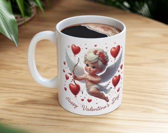 Cherub Valentine's Day Coffee Mug, Red Hearts, Bow & Arrow