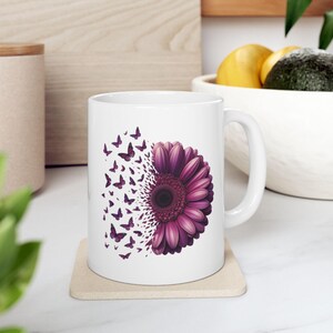Purple Gerbera Daisy and Butterfly Ceramic Mug: Spring Kitchen Decor