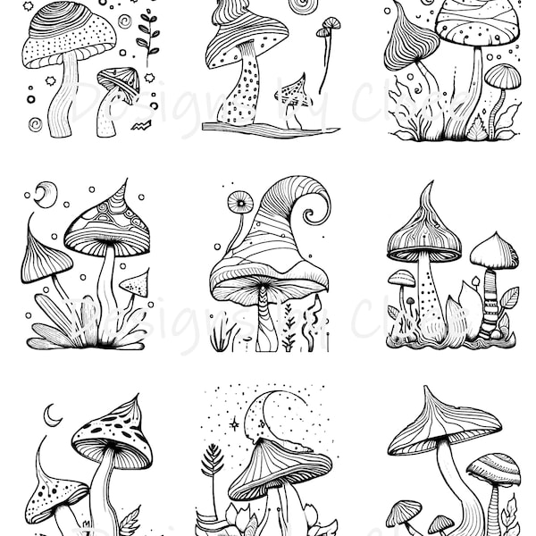 10 Coloring Pages | Whimsical Mushroom Drawings | Boys, Kids, Adults | Birthday, Daycare, Homeschool, Preschool | Stationery & Wall Decor