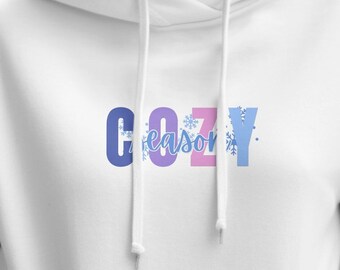 Cozy Season Winter Inspired Hoodie, Snowflakes & Calligraphy, Unisex Warm Pullover, Casual Fashion Sweatshirt