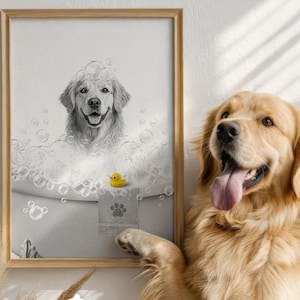 bagno personalizzato per animali domestici, vasca da bagno personalizzata per cani, arte murale per il bagno, ritratto personalizzato di animali domestici da foto, stampa personalizzata di un cane nel water, arte canina