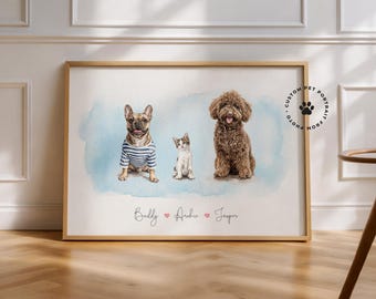 Custom Watercolor Three Pet Portrait From Photos, Personalized Dog Cat Painting, Combined Pet Art Gift, Wall Decor from 3 Photos Family Gift