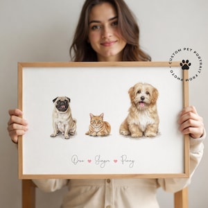 May include: A framed custom pet portrait featuring a pug, a tabby cat, and a fluffy dog. The artwork is in a watercolor style, with the pets' names below. The frame is light brown, and the text "CUSTOM PET PORTRAIT FROM PHOTO" is in a circle.