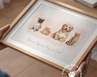Custom Four Pet Watercolor Painting from Photo, Personalized Dog Cat Portrait, Pet Memorial Artwork, Gift for Pet Lovers Decor and Style USA