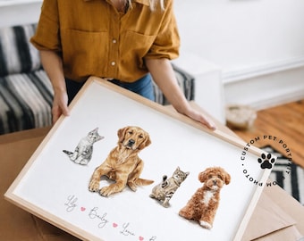4 Pet Portrait from Photo, Personalized Dog and Cat Painting, Four Pets Portrait, Pet Memorial Gift Artwork for Home Decor