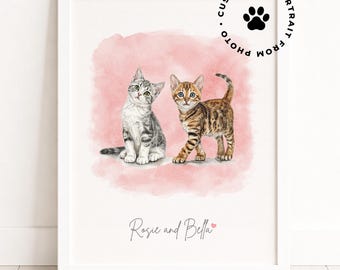 Personalized Two Pets Portrait From Photo Dog Cat Watercolor Painting Custom Pet Art Funny Animal Gift for Pet Lovers