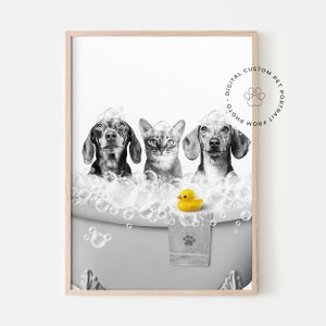 three pets in Bathtub Custom Pet Portrait from photo, Funny Bathroom Dog Art, Personalized Pet Dog Gift Illustration, Animal in Bathtub