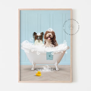 Two pets in Bathtub Custom Pet Portrait from photo, Funny Bathroom Dog Art, Pet Gift, Restroom Pet Portraits, Kids Bathroom Wall Art, dogart