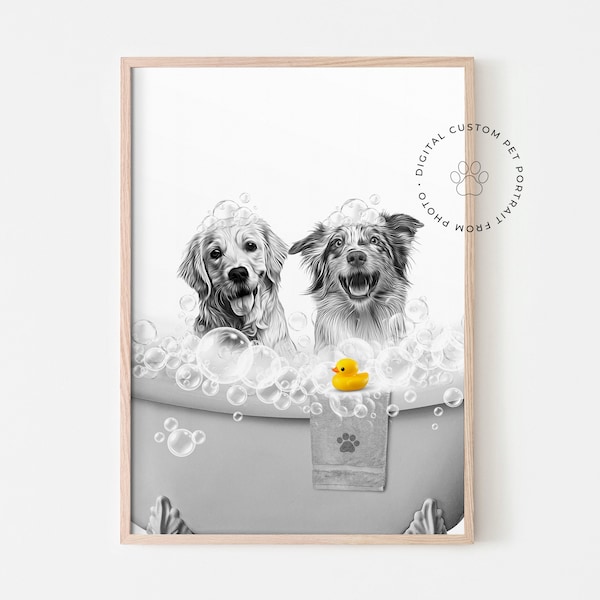 Dos mascotas en la bañera Retrato personalizado de la mascota de la foto, Arte divertido del perro del baño, Ilustración personalizada del regalo del perro del animal doméstico, Animal en la bañera