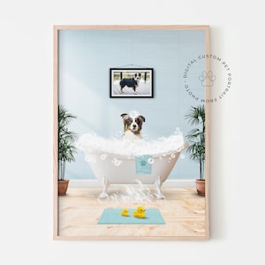 Bathroom pet portrait, bathroom prints, dog art, dog decor, animal in bathtub, dog bathroom wall art, pets in Bathtub, Personalized Pet