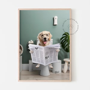 Custom Pet Portrait, Dog Read Newspaper in Toilet, Funny Pet Portrait, Kids Bathroom Wall Art, Toilet Print, Animal in Bathtub, toilet decor