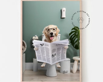 Custom Pet Portrait, Dog Read Newspaper in Toilet, Funny Pet Portrait, Kids Bathroom Wall Art, Toilet Print, Animal in Bathtub, toilet decor