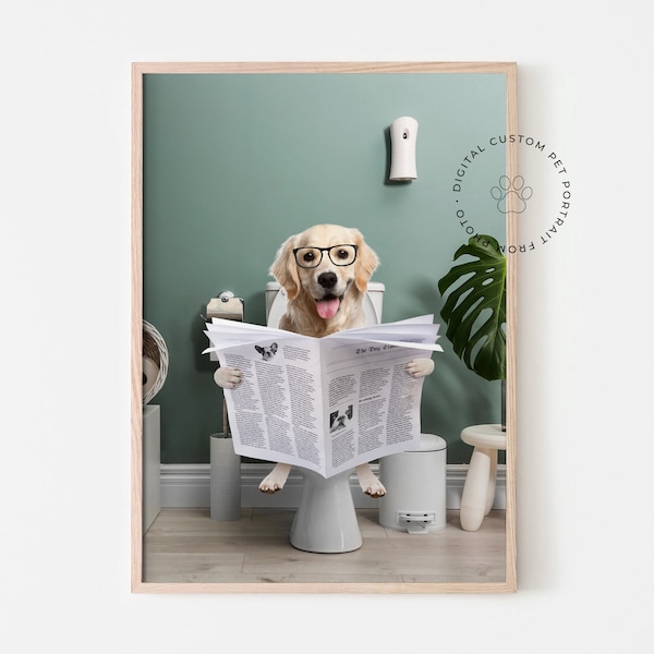Portrait d'animal de compagnie personnalisé, chien qui lit le journal dans les toilettes, portrait d'animal de compagnie drôle, oeuvre d'art murale de salle de bain pour enfants, impression de toilettes, animal dans la baignoire, décoration de toilette