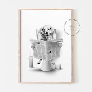 Dog portrait Read Newspaper in Toilet, Funny Bathroom Art, Pet In Toilet Print, Kids Bathroom Wall Art, Personalized Cat Dog Gift, Pet art