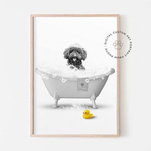 Personalized bathroom decor, custom pet portrait, Pet in Bathtub, Animal in Tub, Bathroom art, Kids Bathroom Wall Art, Funny Bathroom Art