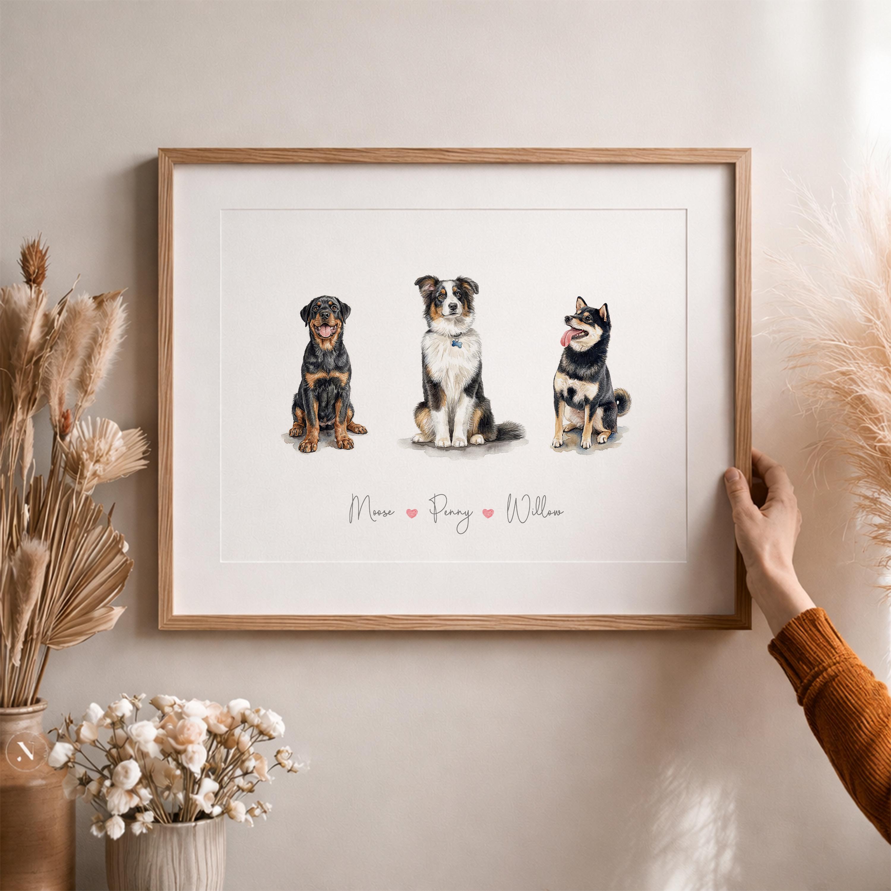 Custom Watercolor 3 Pet Portrait From Photo, Personalized Dog and Cat ...
