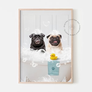 Two pets in Bathtub Custom Pet Portrait from photo, Multiple Pet Portrait, Personalised 2 Dogs, Two cats portrait, Painting of 2 cats art