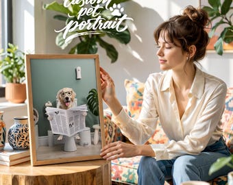 Toilet themed pet portrait. Dog reading newspaper art. Personalized from photo. Gag gift. Bathroom poster decor. High res digital file ready