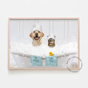 custom pet portrait from photo dogs in bathtub, bathroom wall art, black and white picture of dog, 2 dogs bathroom, Funny Bathroom Art, Pets
