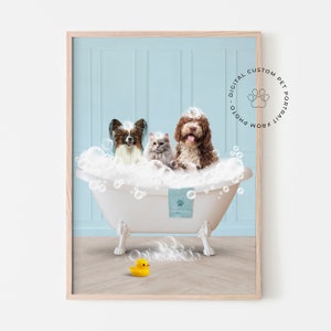 3 pets in Bathtub Custom Pet Portrait from photo, Multiple pet Portrait, Funny Bathroom Dog Art, Custom Drawing Pet, Dog In Toilet Print