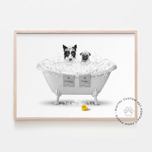 Two pets in Bathtub Custom Pet Portrait from photo, Funny Bathroom Dog Art,  Personalized Pet Dog Gift Illustration, Animal in Bathtub